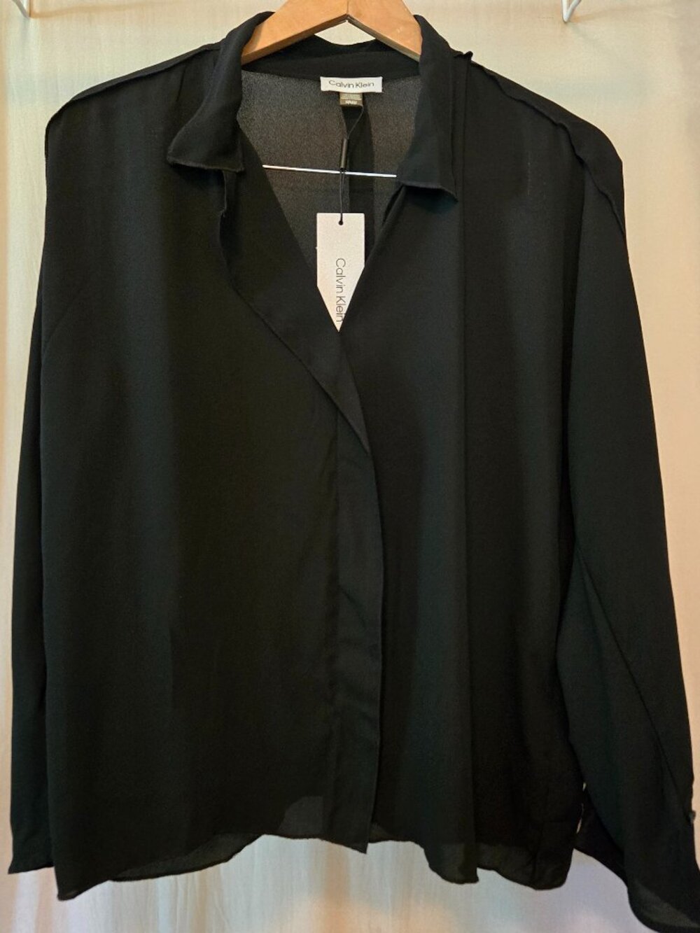 Calvin Klein Black Semi Sheer V-Neck Blouse Medium NWT